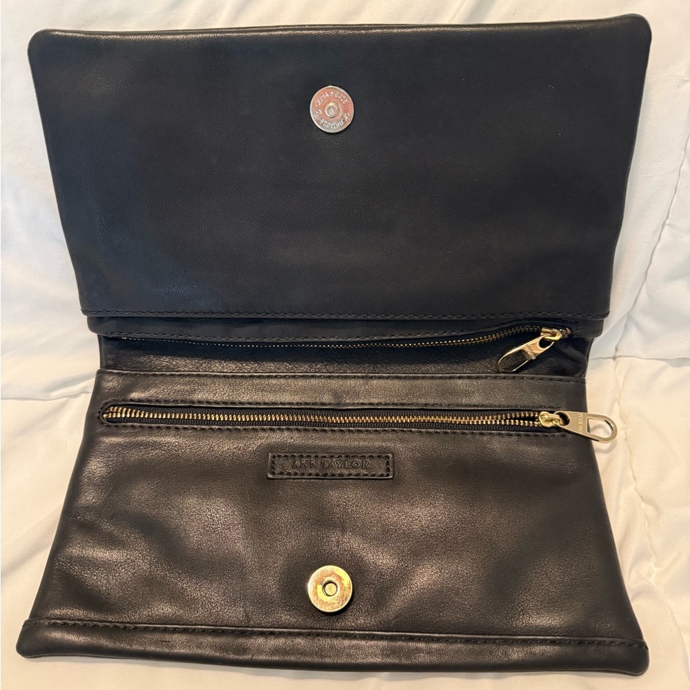 Ann Taylor Black Leather Bifold Clutch Bag Purse